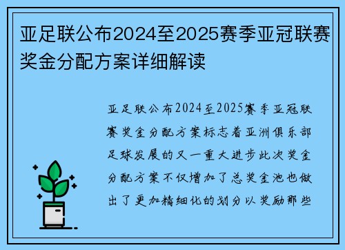 亚足联公布2024至2025赛季亚冠联赛奖金分配方案详细解读